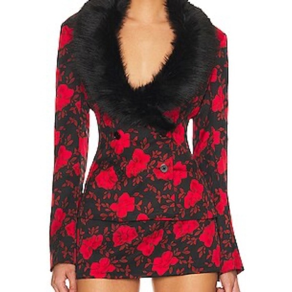 GUIZIO Murada Faux Black Fur Blazer Peonia Print Red Satin Silky Matching Skirt - Picture 1 of 15